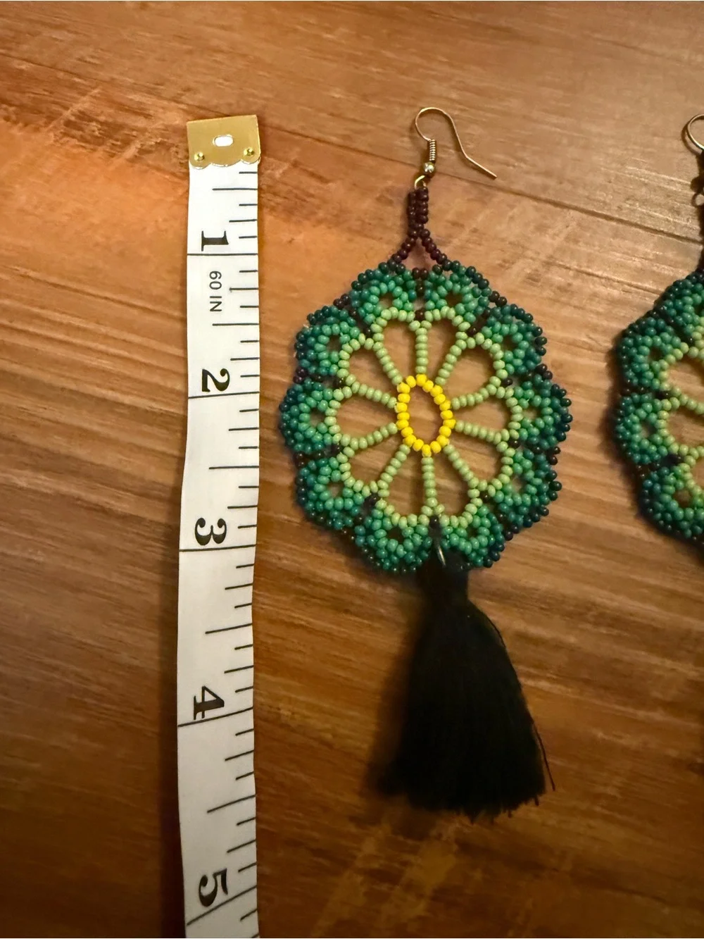 MEXICANA Green Yellow Black Beaded Floral Tassel Earrings